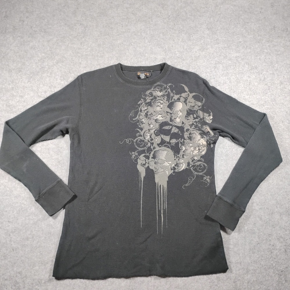 Split Kids Shirt Large y2K Gray Skull Graphic Waffle Knit Thermal Long Sleeve